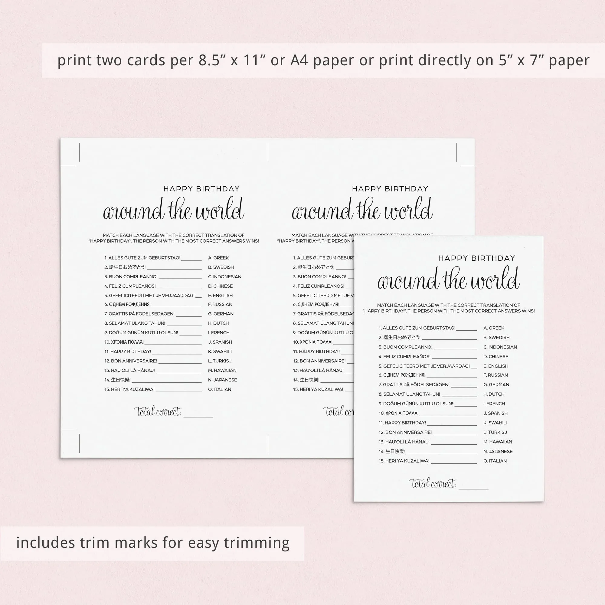 Minimalist Birthday Party Game Printable Happy Birthday in Different Languages