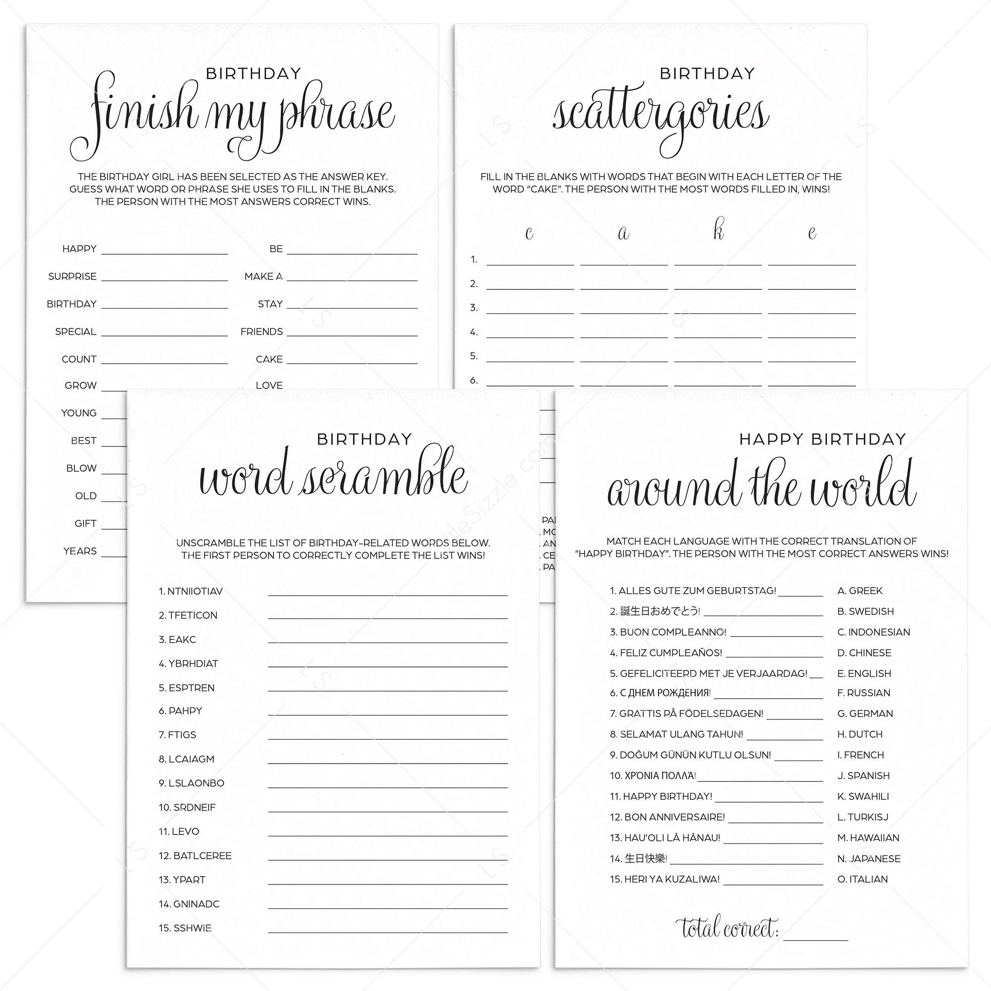 Minimalist Birthday Party Games Bundle Instant Download