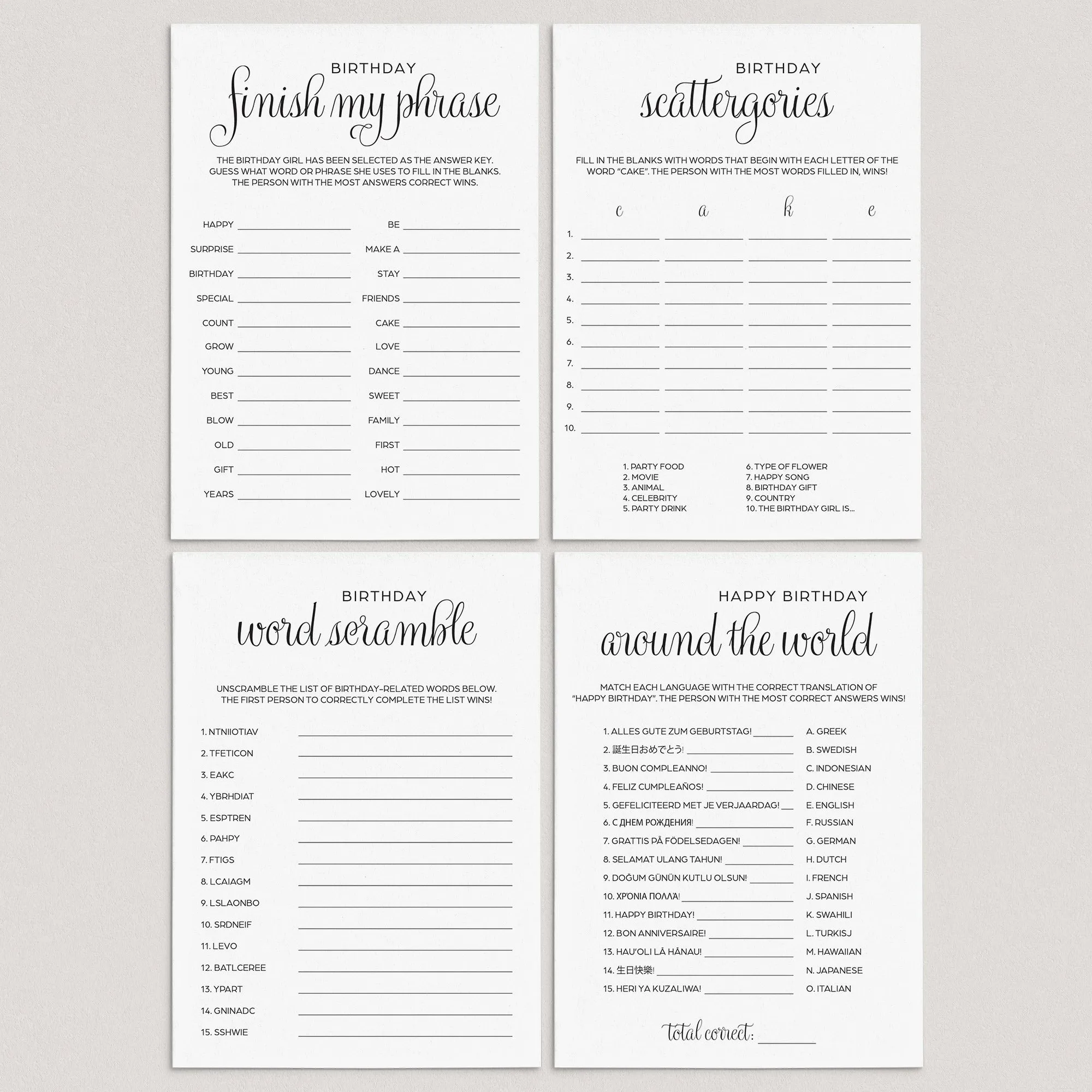 Minimalist Birthday Party Games Bundle Instant Download