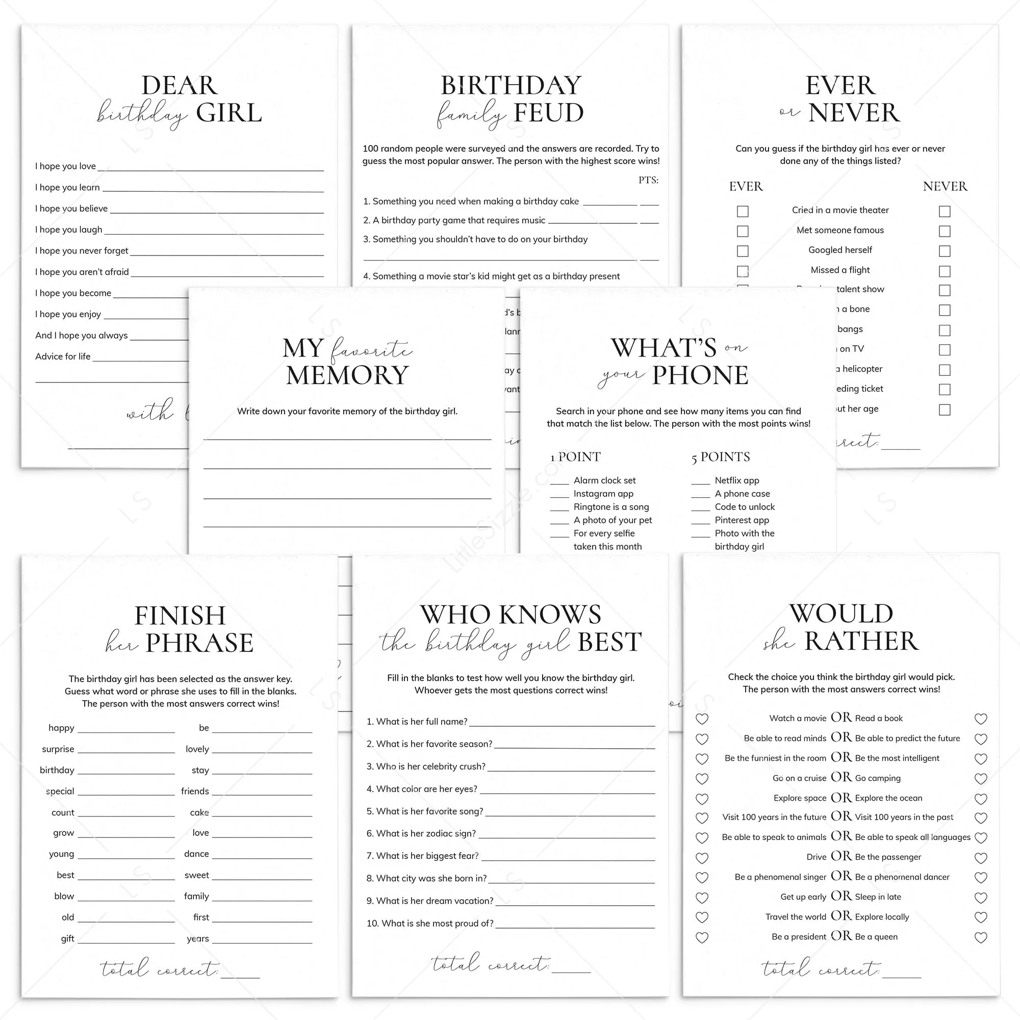 Minimalist Birthday Party Games for Her Printable