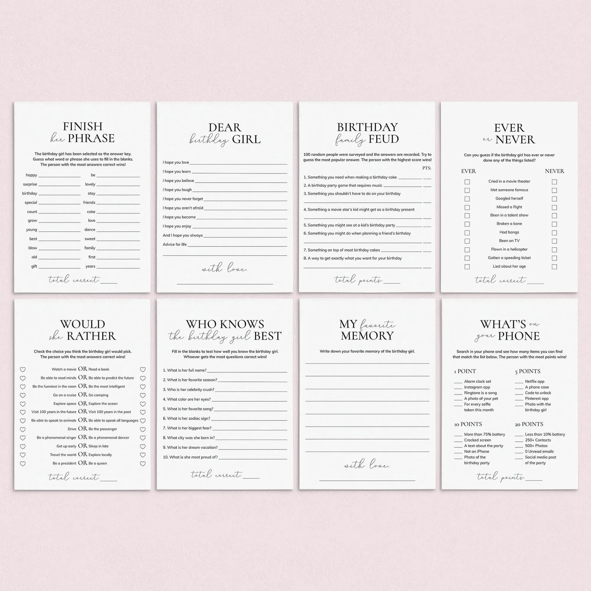 Minimalist Birthday Party Games for Her Printable