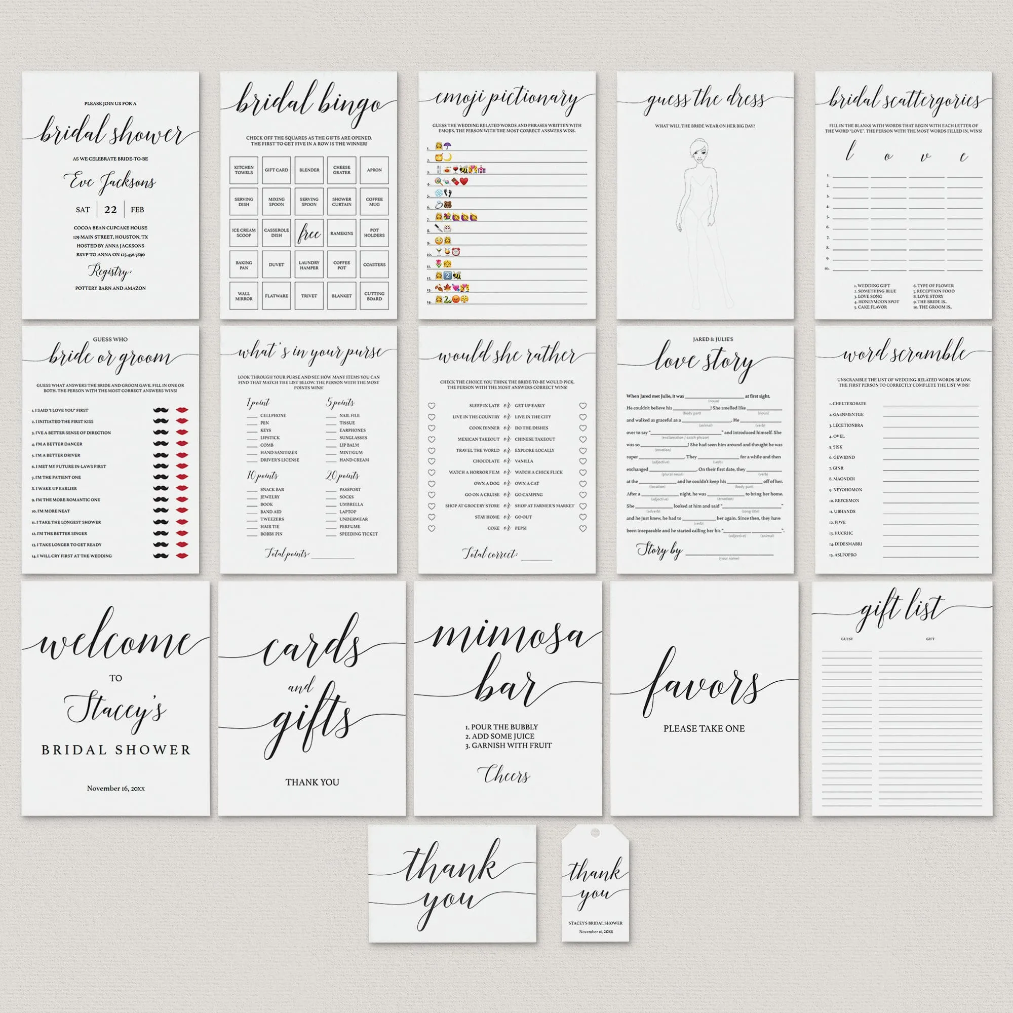 Minimalist Bridal Shower Bundle Black & White Calligraphy
