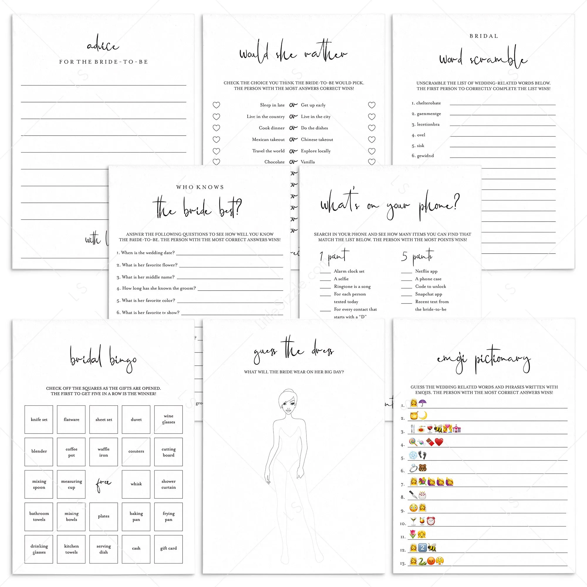 Minimalist Bridal Shower Games Bundle Printable