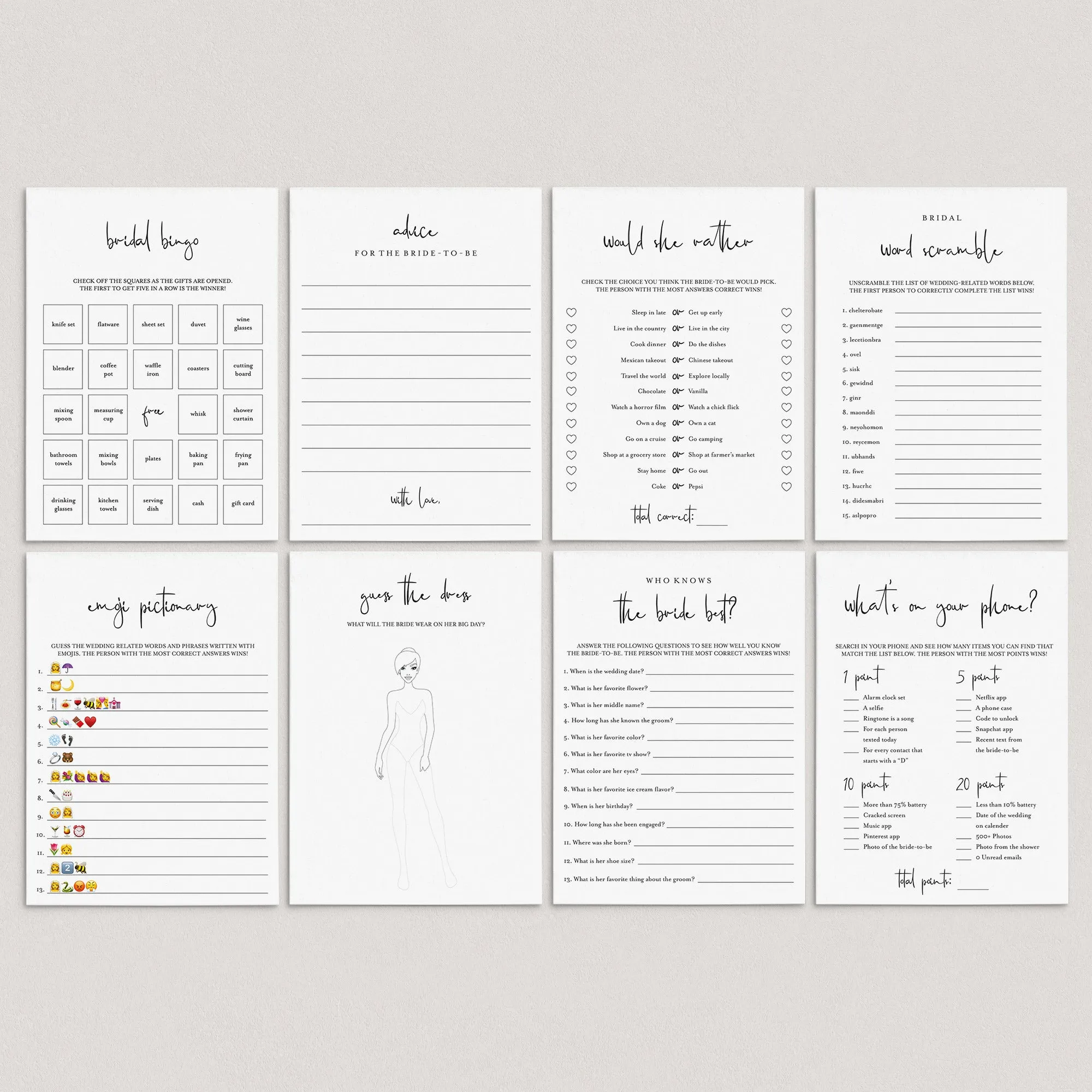 Minimalist Bridal Shower Games Bundle Printable