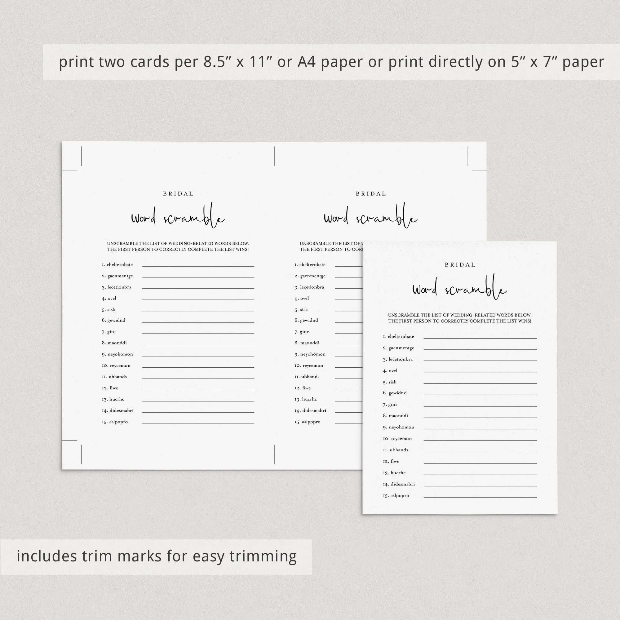Minimalist Bridal Word Scramble Game With Answers Printable