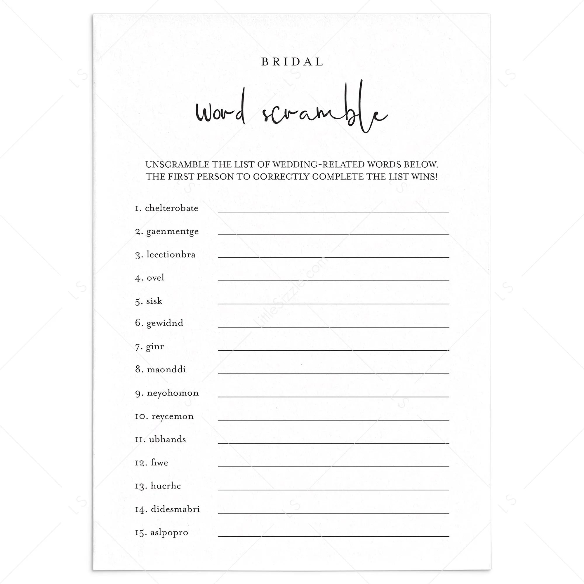 Minimalist Bridal Word Scramble Game With Answers Printable