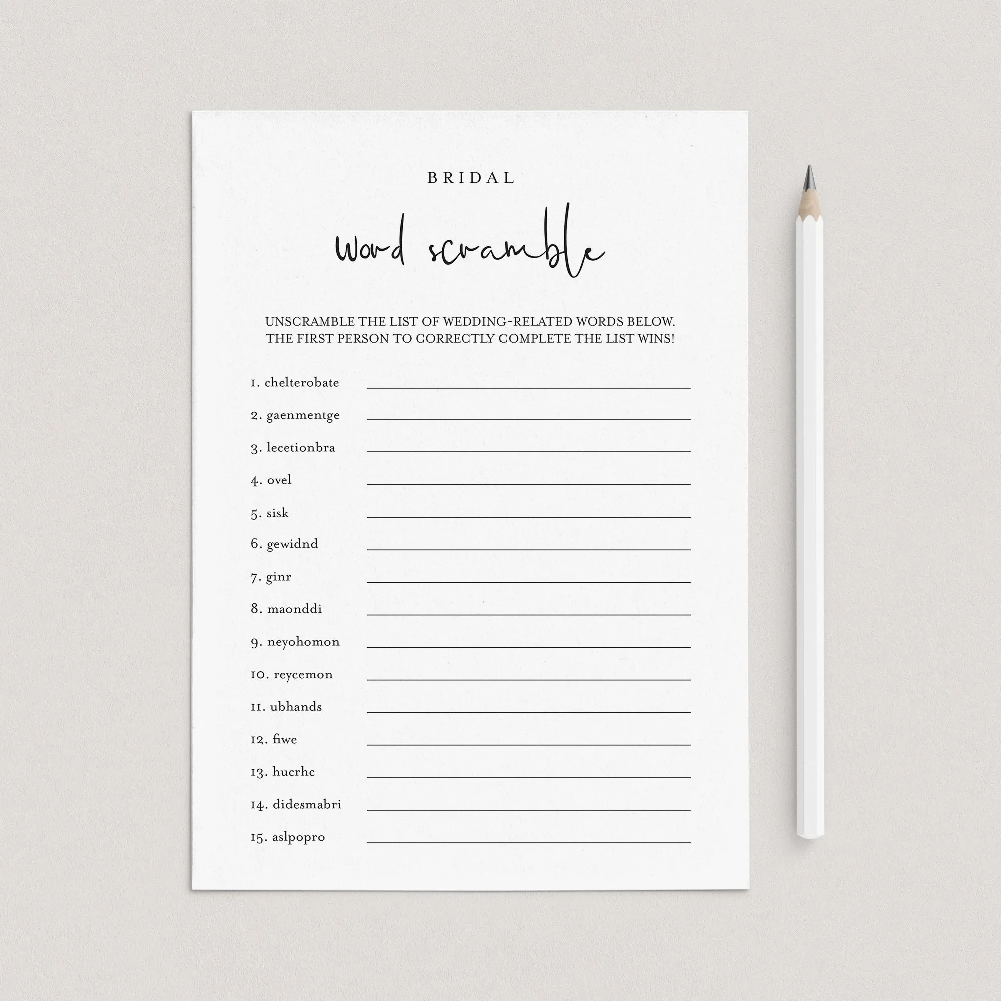 Minimalist Bridal Word Scramble Game With Answers Printable