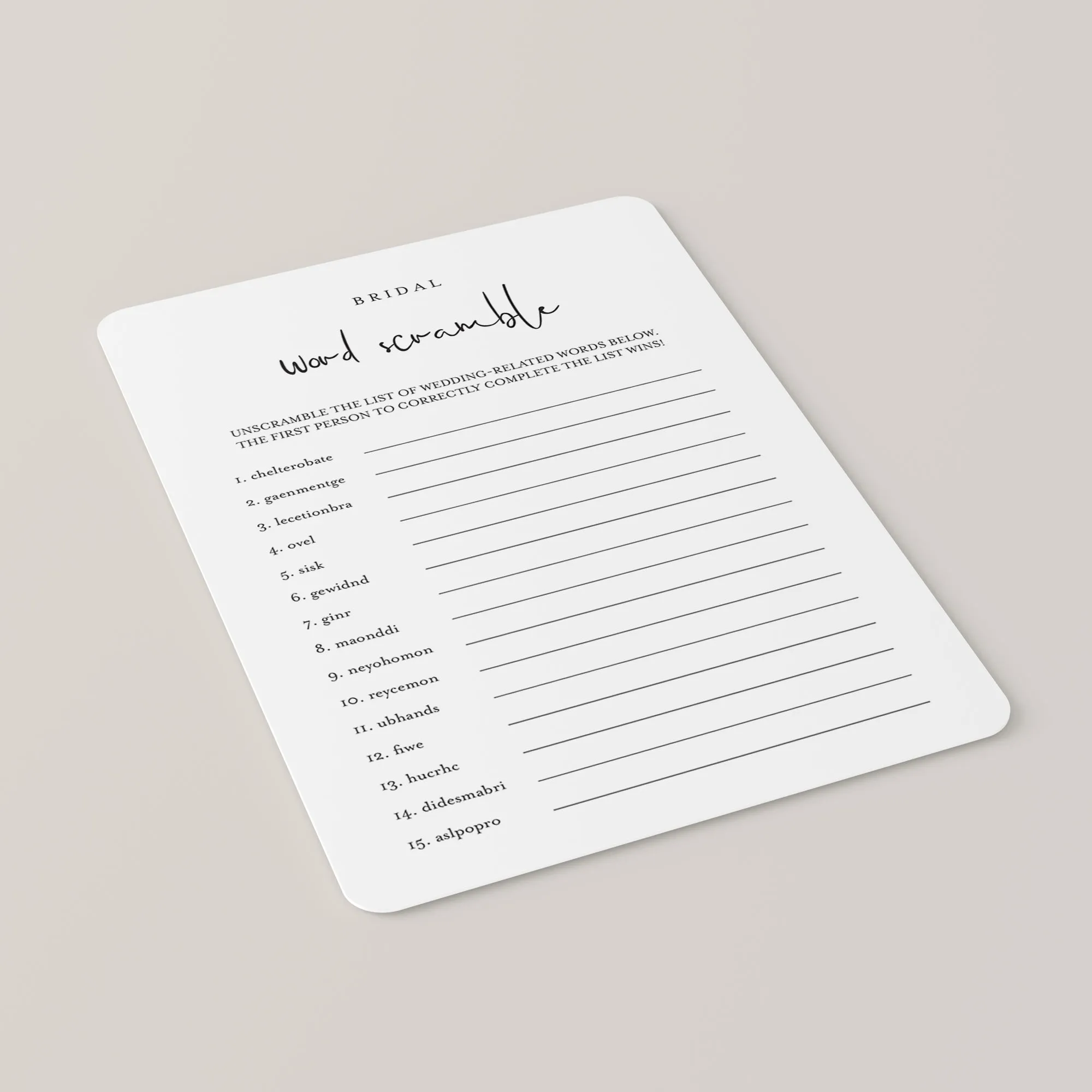 Minimalist Bridal Word Scramble Game With Answers Printable