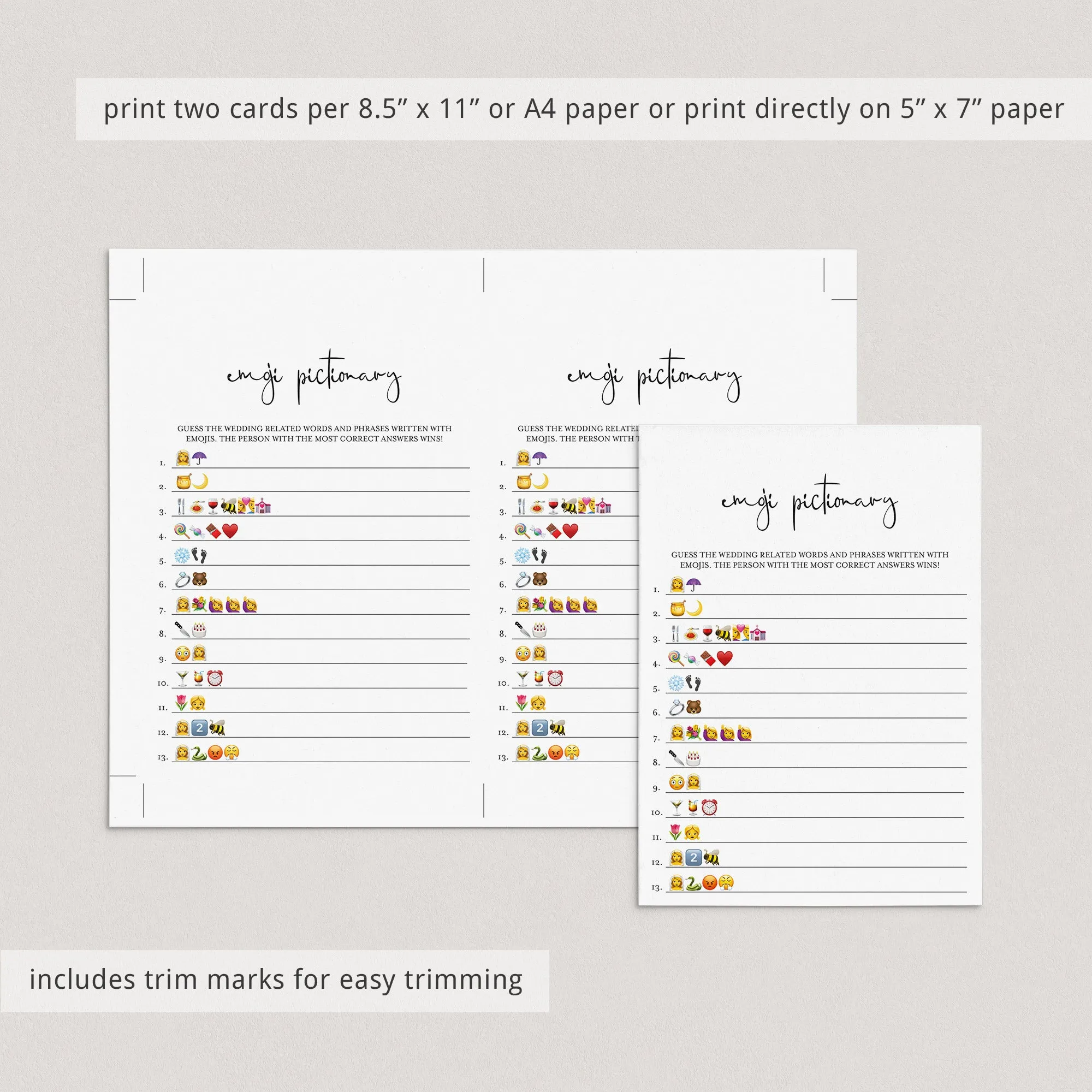 Minimalist Emojis Game for Wedding Shower Printable