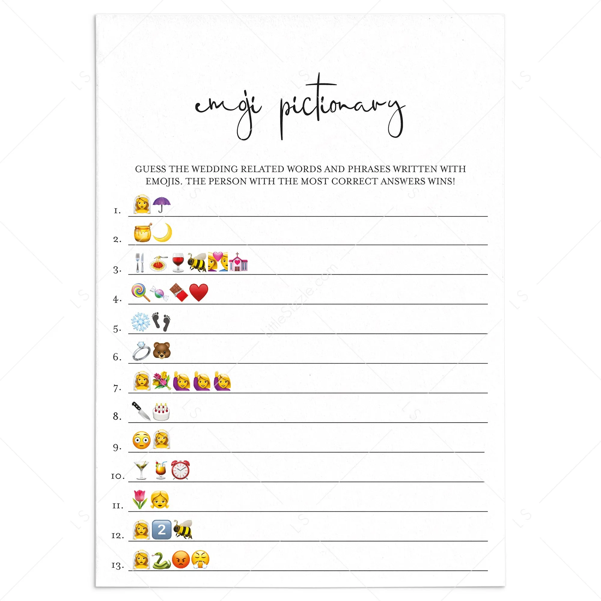Minimalist Emojis Game for Wedding Shower Printable