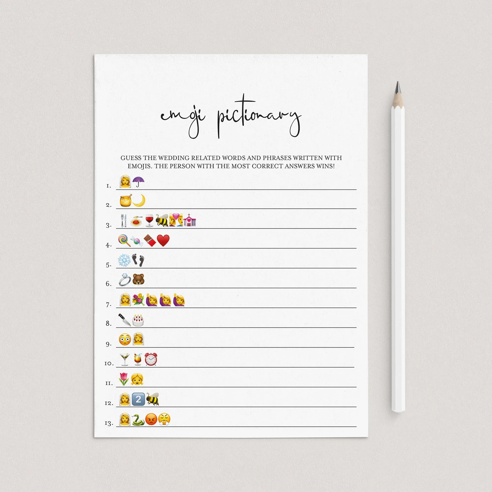 Minimalist Emojis Game for Wedding Shower Printable