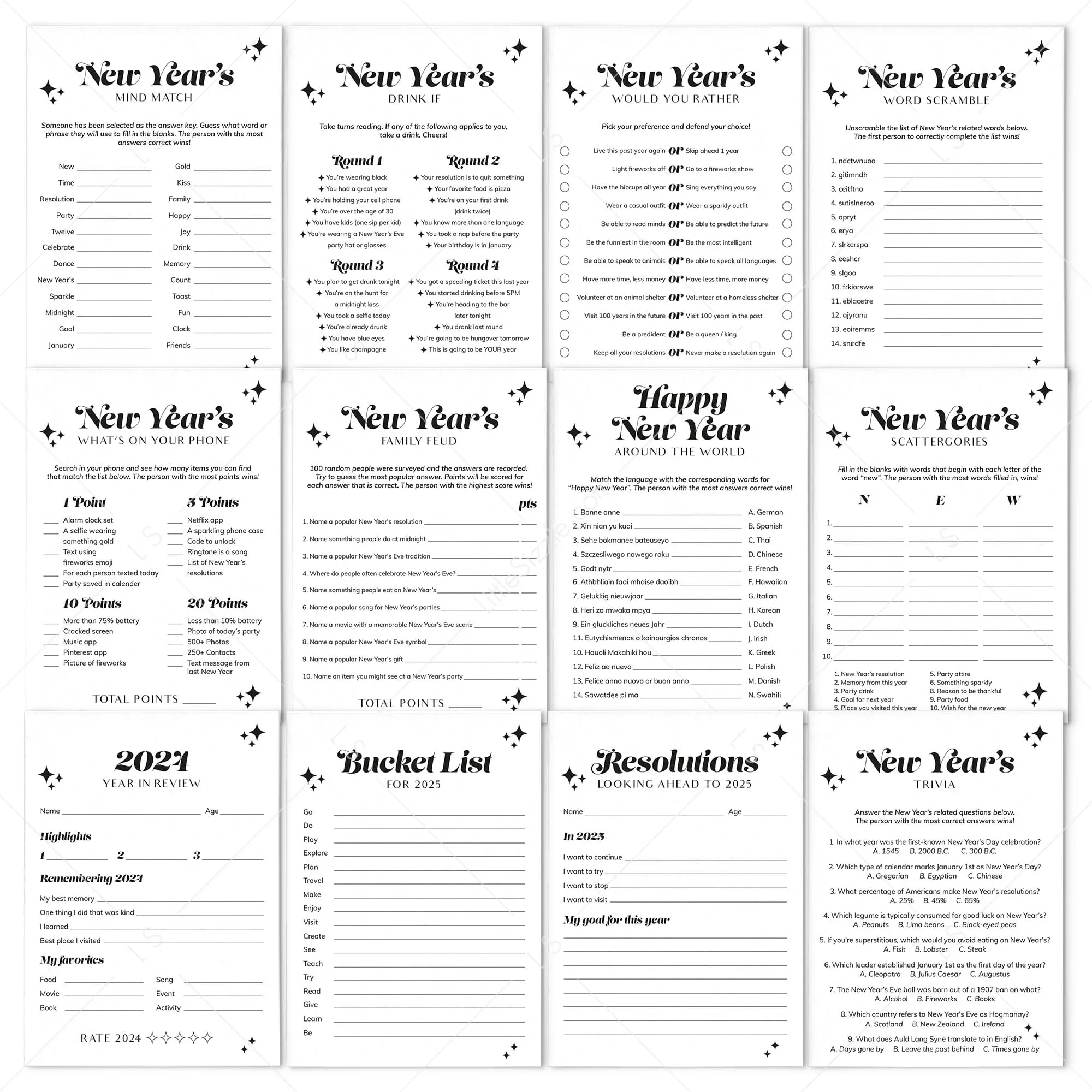 Minimalist Groovy New Year's Party Games Bundle Printable