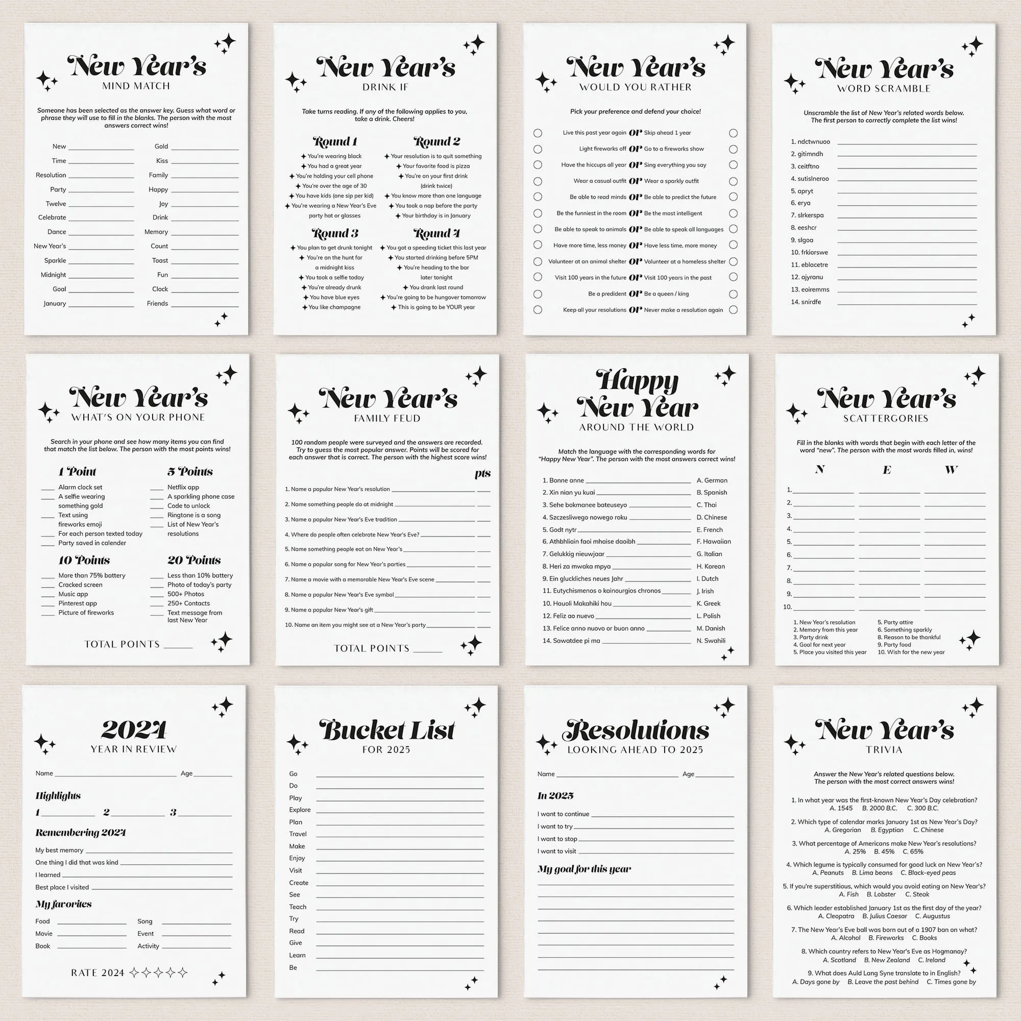 Minimalist Groovy New Year's Party Games Bundle Printable