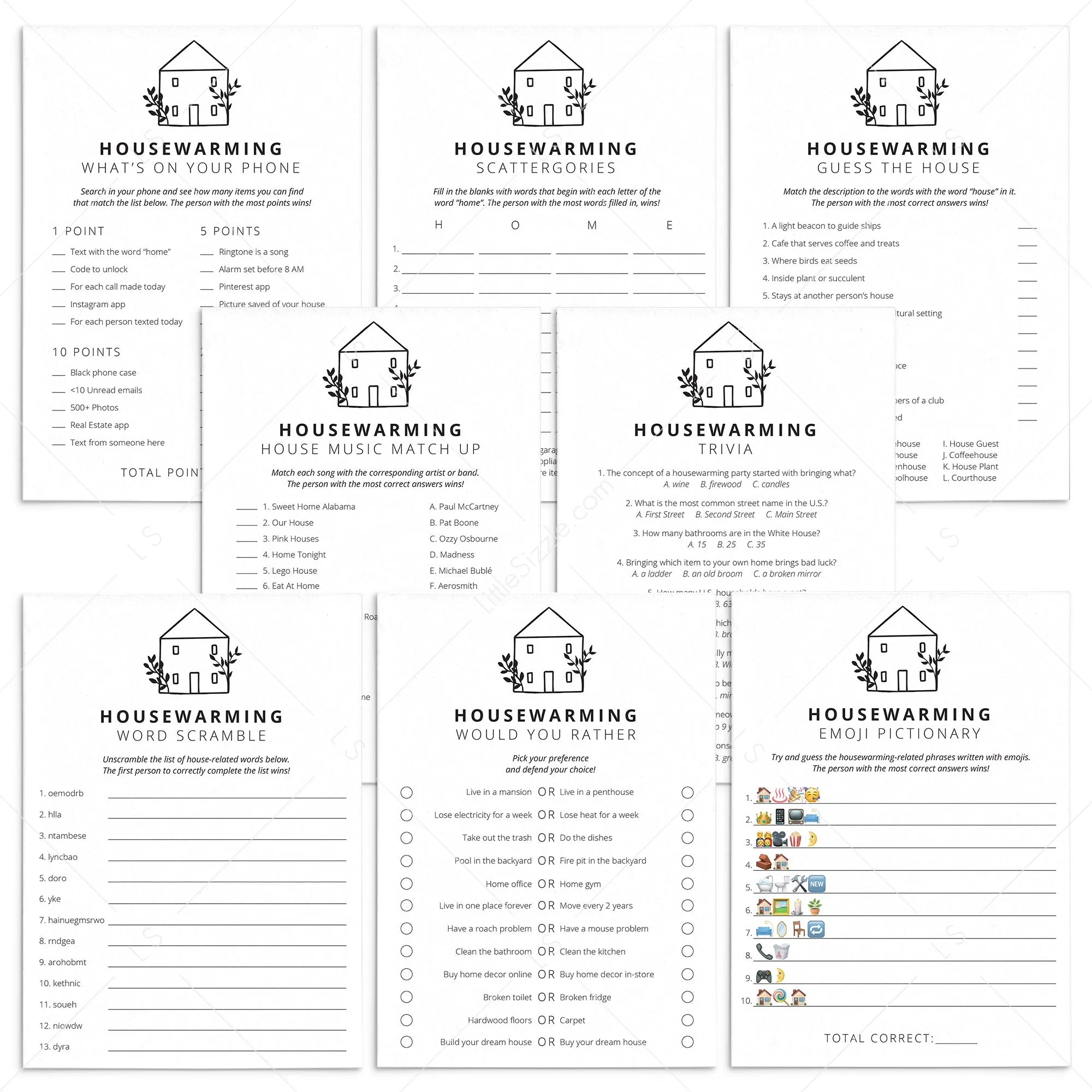 Minimalist Housewarming Party Game Pack Printable