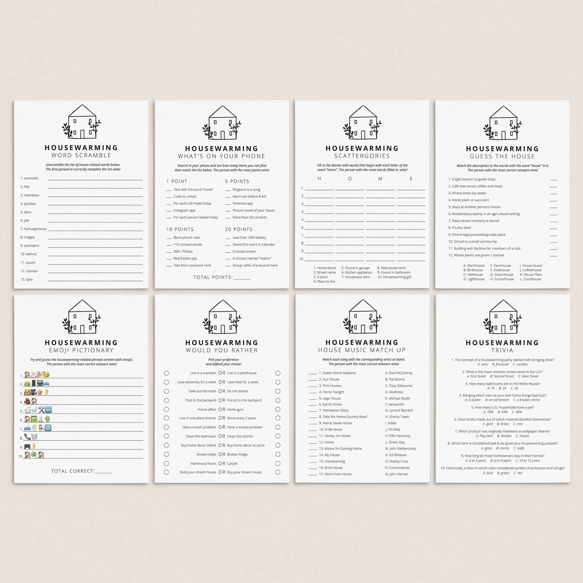 Minimalist Housewarming Party Game Pack Printable