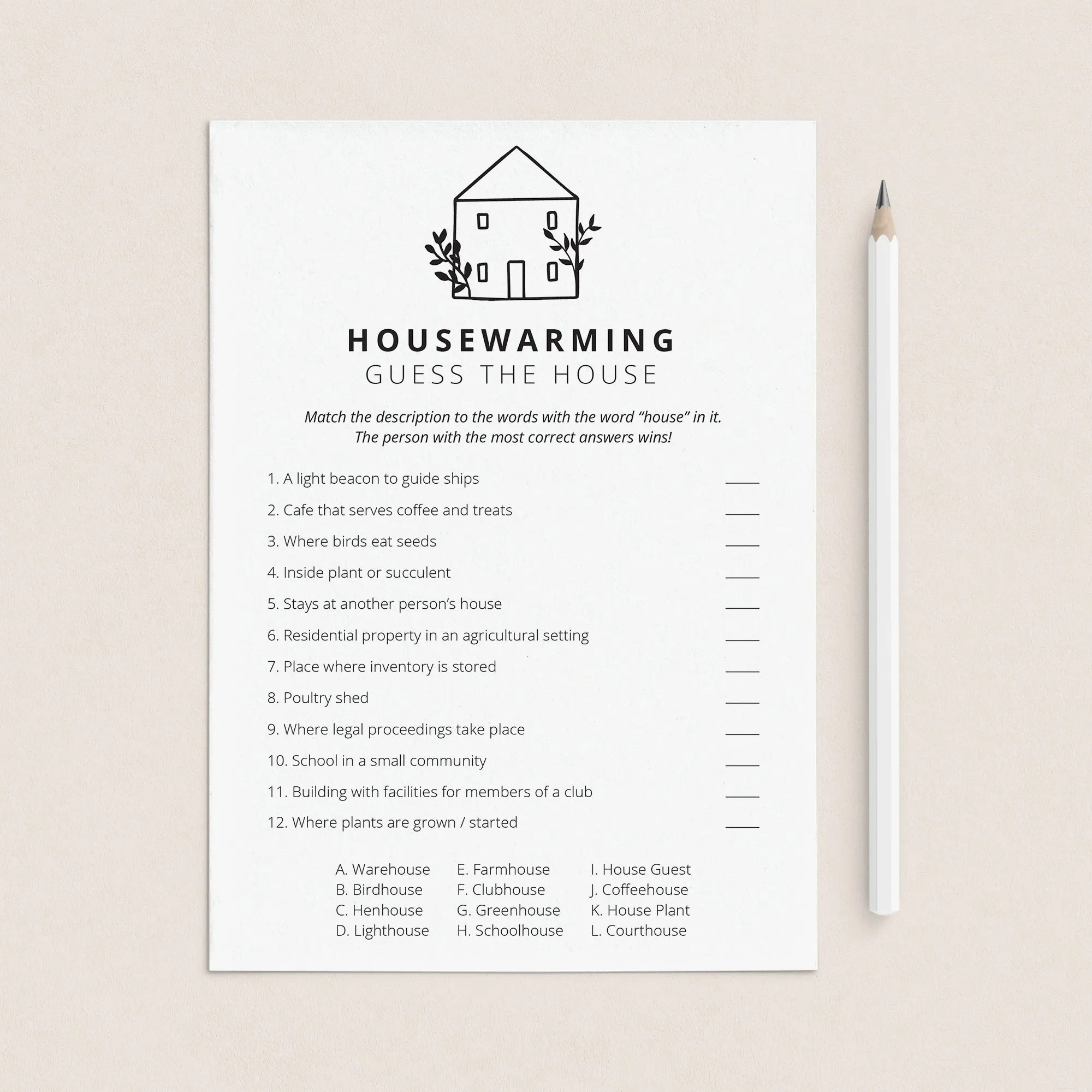 Minimalist Housewarming Party Game Printable