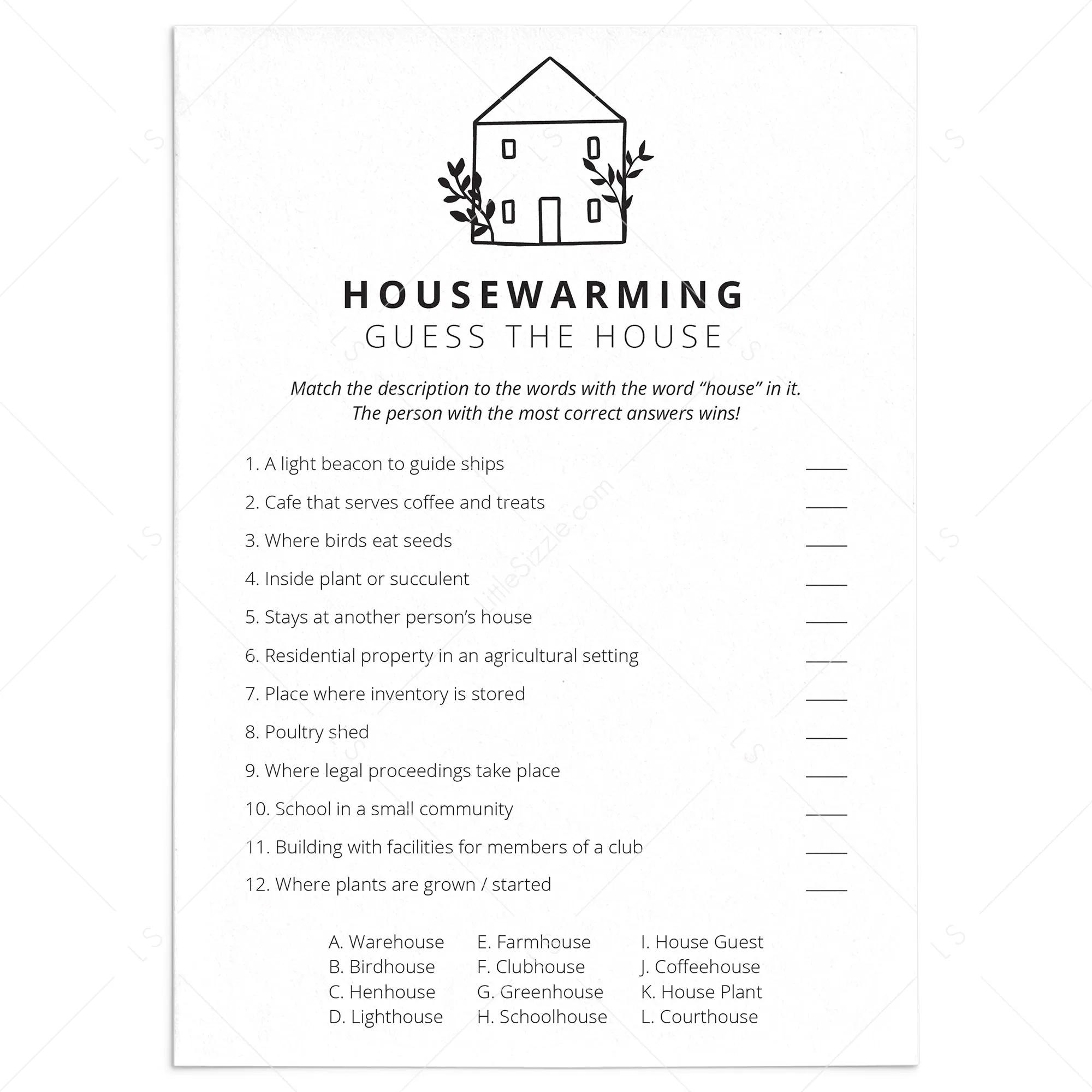 Minimalist Housewarming Party Game Printable