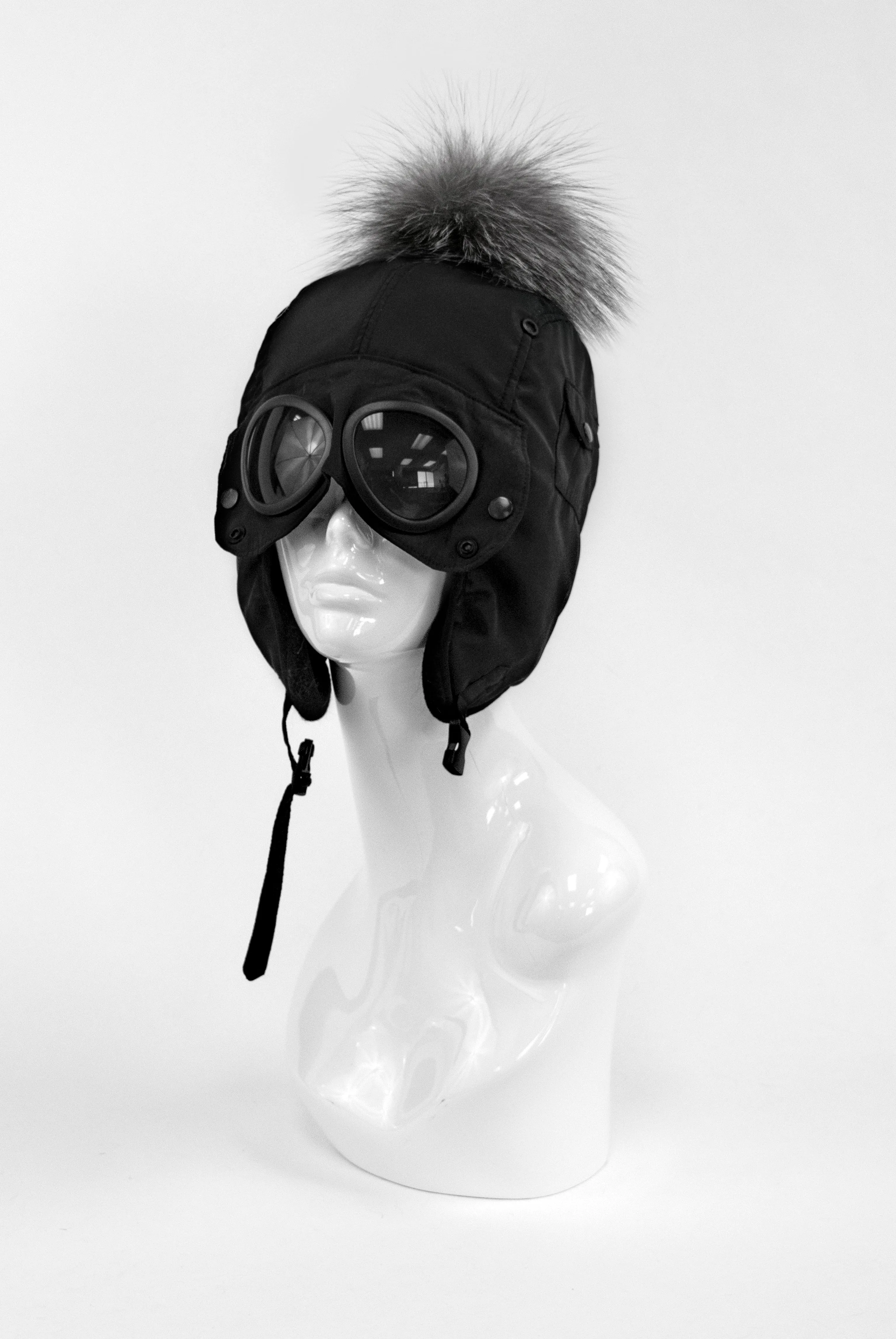 Mitchie's | Black Nylon Hat with Goggles and Fur Pom | Women's