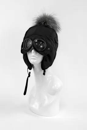 Mitchie's | Black Nylon Hat with Goggles and Fur Pom | Women's