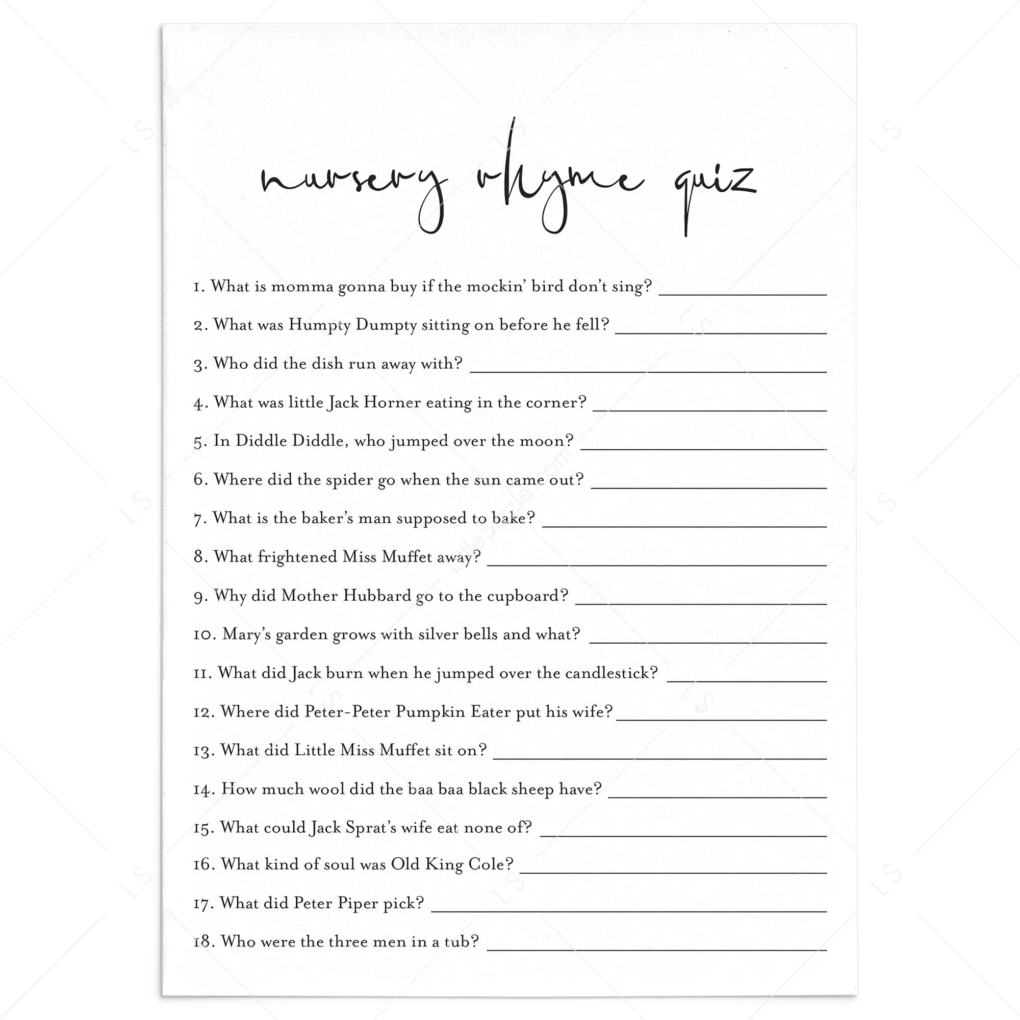Modern Baby Shower Game Nursery Rhyme Quiz Printable