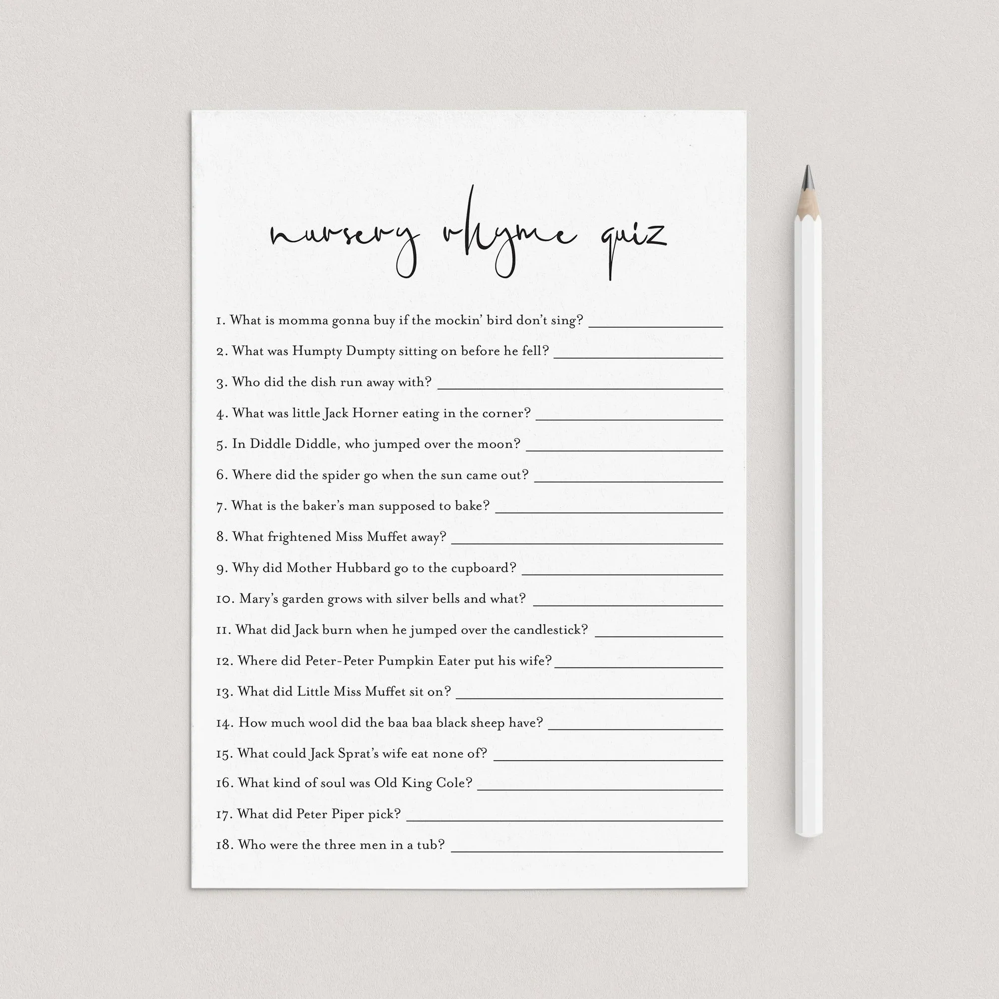 Modern Baby Shower Game Nursery Rhyme Quiz Printable