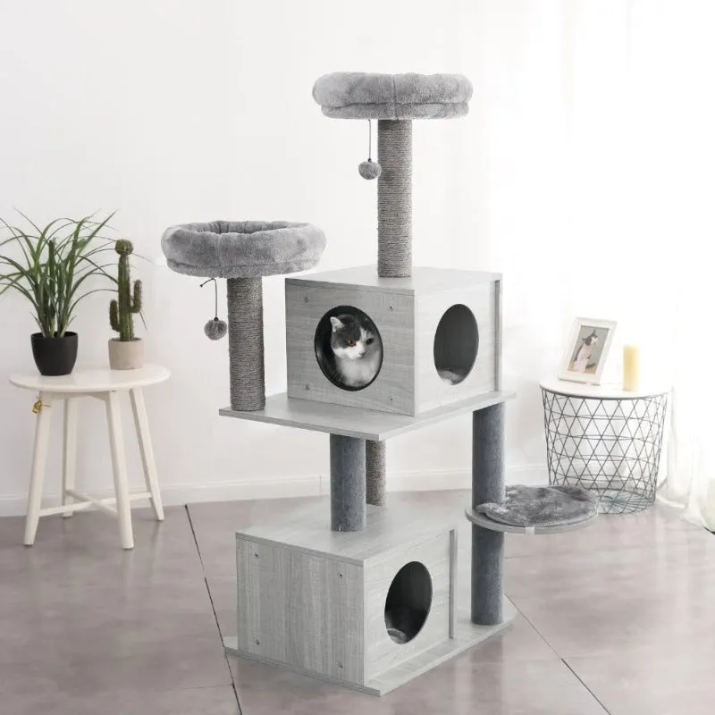 Modern Cat Tree Tower 2 Condo House Scratching Posts 55" Removable Soft Perches