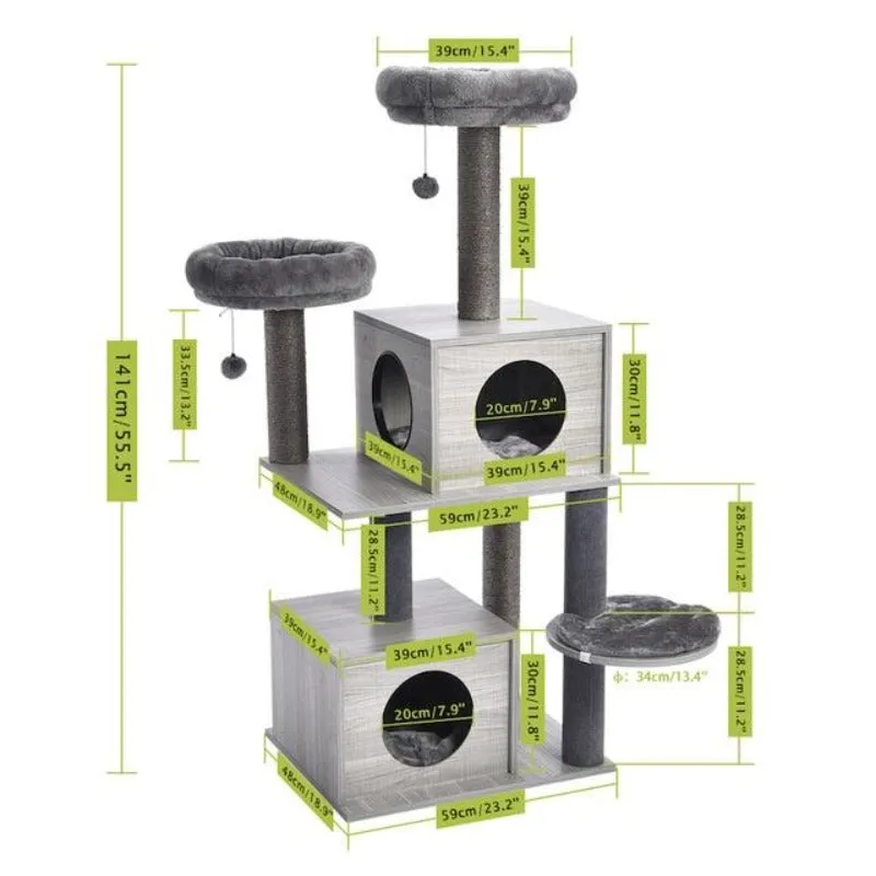 Modern Cat Tree Tower 2 Condo House Scratching Posts 55" Removable Soft Perches