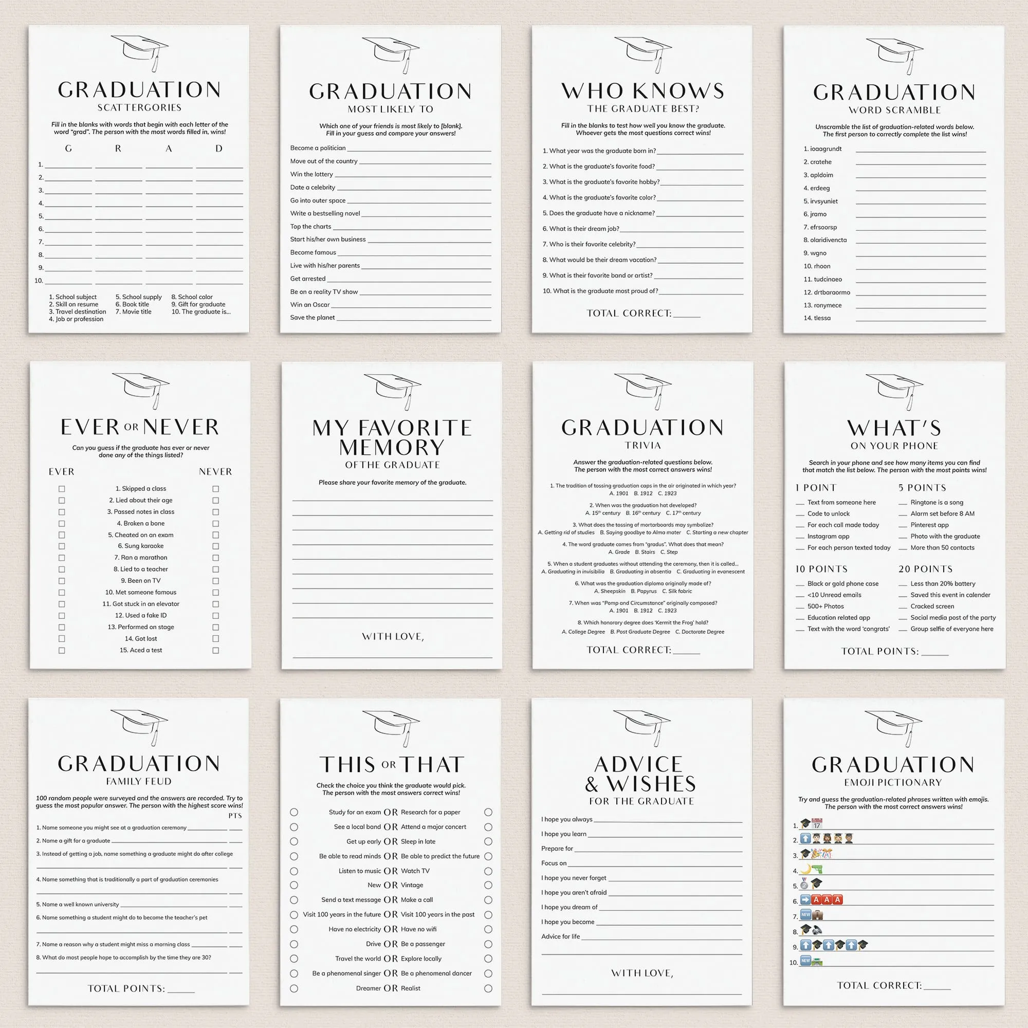 Modern Minimal Graduation Party Games Bundle