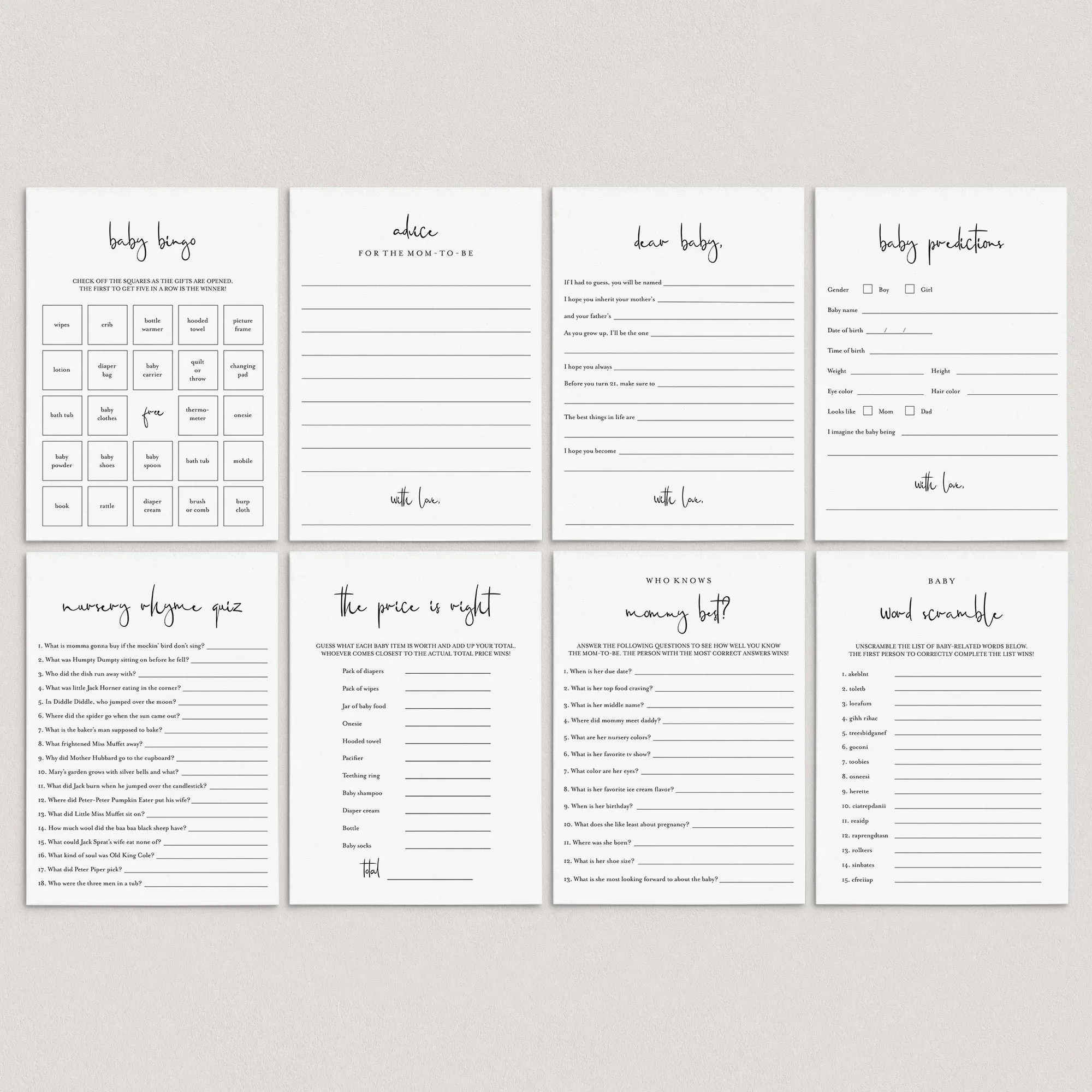 Modern Minimalist Baby Shower Games Bundle Printable