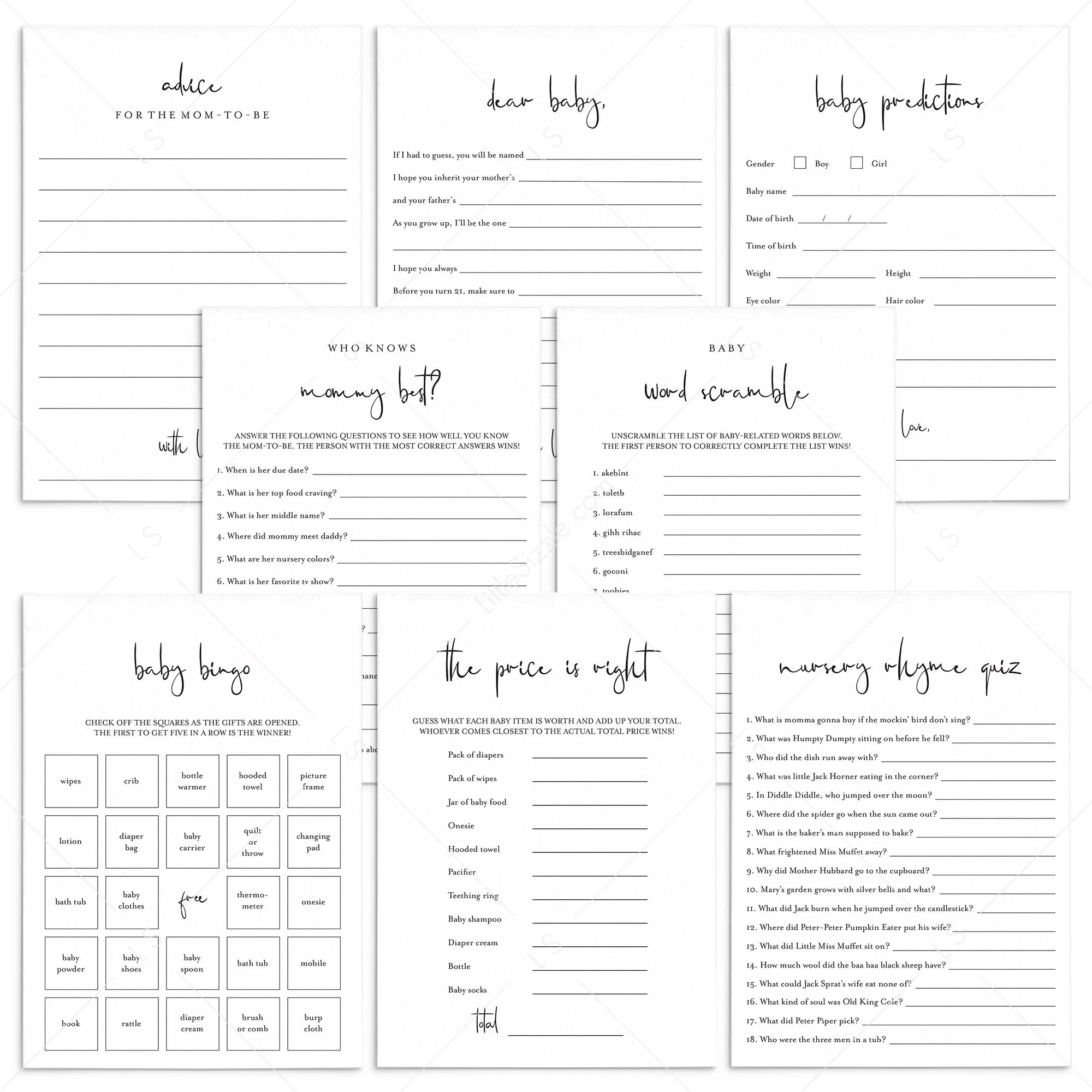 Modern Minimalist Baby Shower Games Bundle Printable