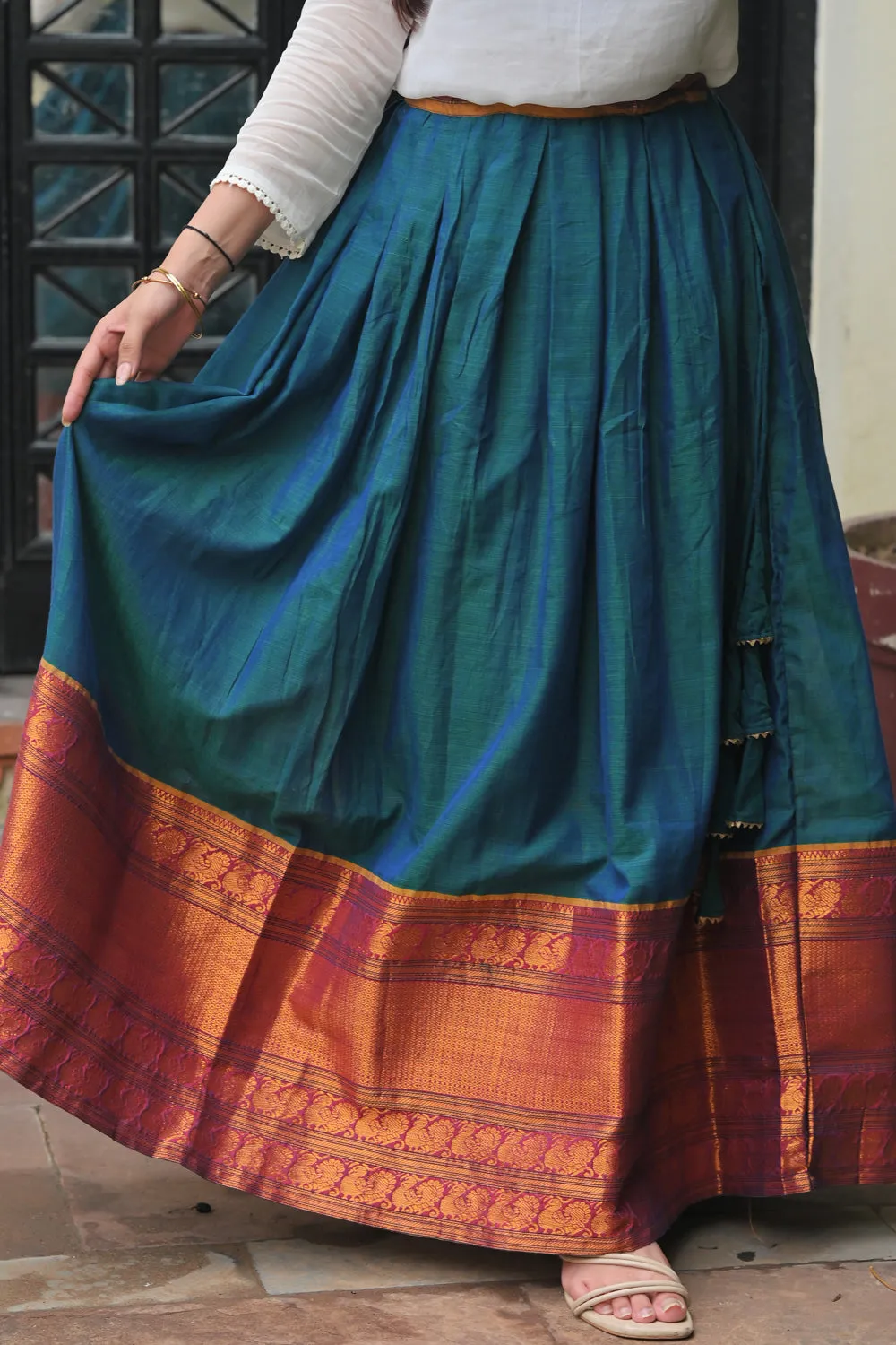 Moor Hues - Peacock Blue Green Pleated skirt with White Georgette Top | Made To Order