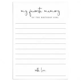 My Favorite Memory of the Birthday Girl Cards Printable