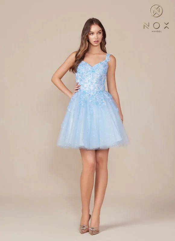 N H846 - Sequin Lace Embellished A-Line Homecoming Dress with Sheer Bodice & Layered Glittery Tulle Skirt