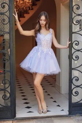 N H846 - Sequin Lace Embellished A-Line Homecoming Dress with Sheer Bodice & Layered Glittery Tulle Skirt