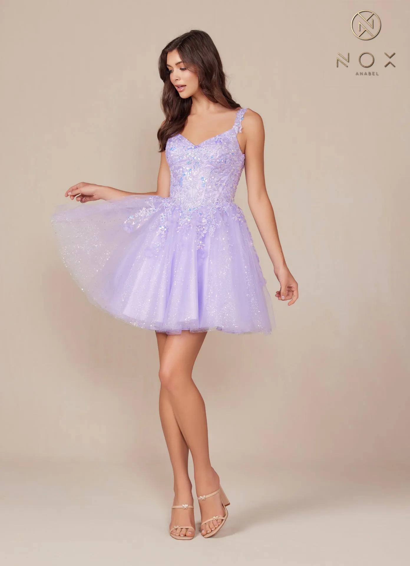 N H846 - Sequin Lace Embellished A-Line Homecoming Dress with Sheer Bodice & Layered Glittery Tulle Skirt