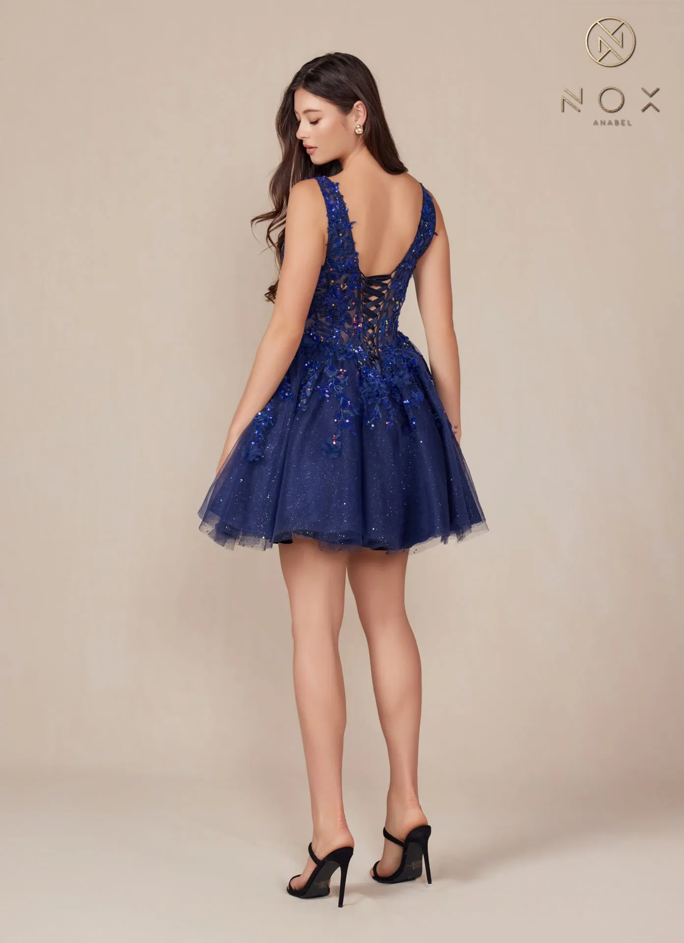 N H846 - Sequin Lace Embellished A-Line Homecoming Dress with Sheer Bodice & Layered Glittery Tulle Skirt