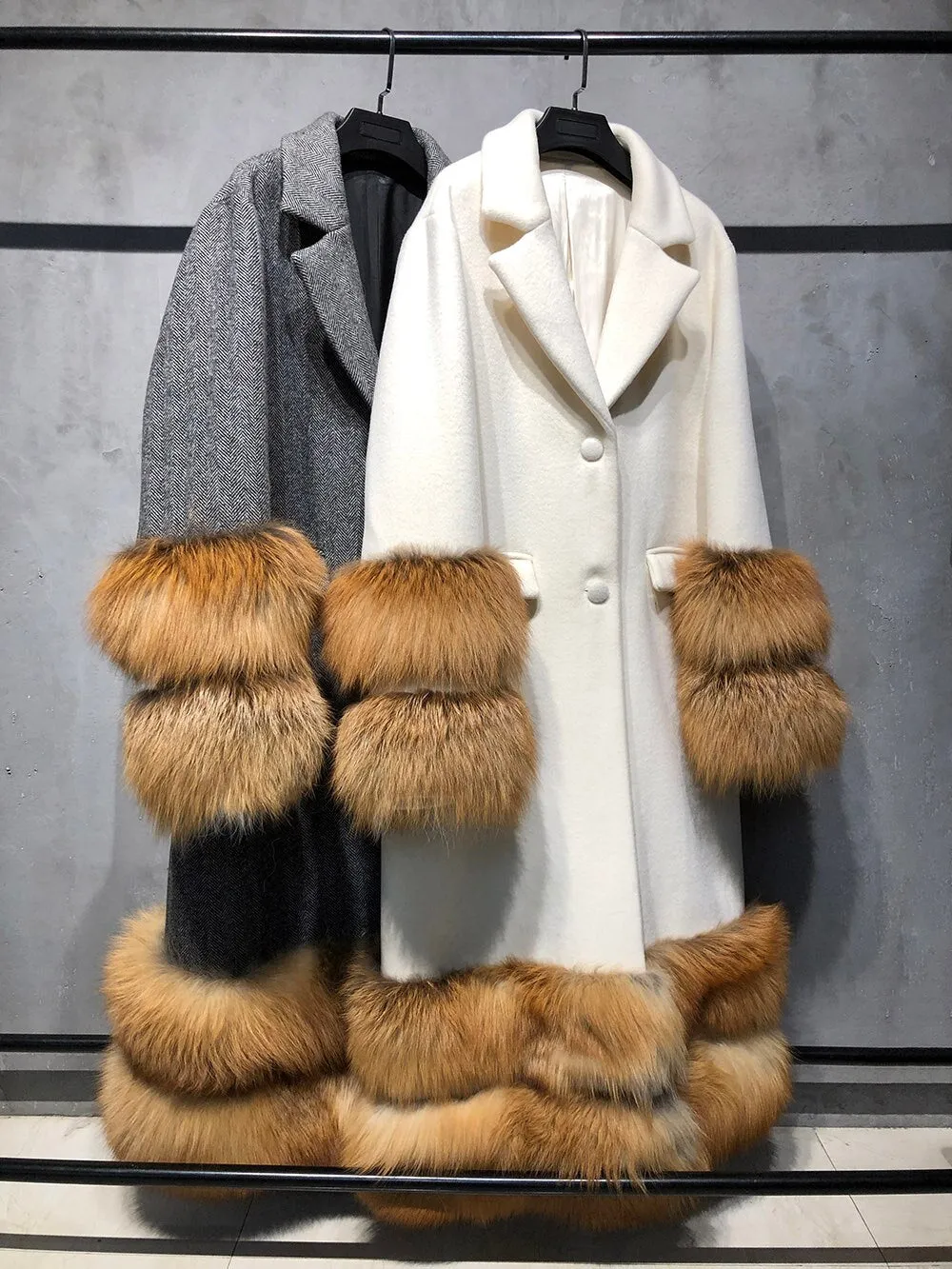 Natural fox fur sleeve cashmere single breasted long wool coat trench