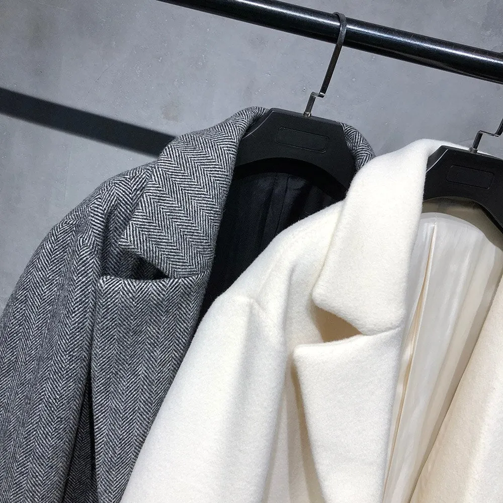 Natural fox fur sleeve cashmere single breasted long wool coat trench