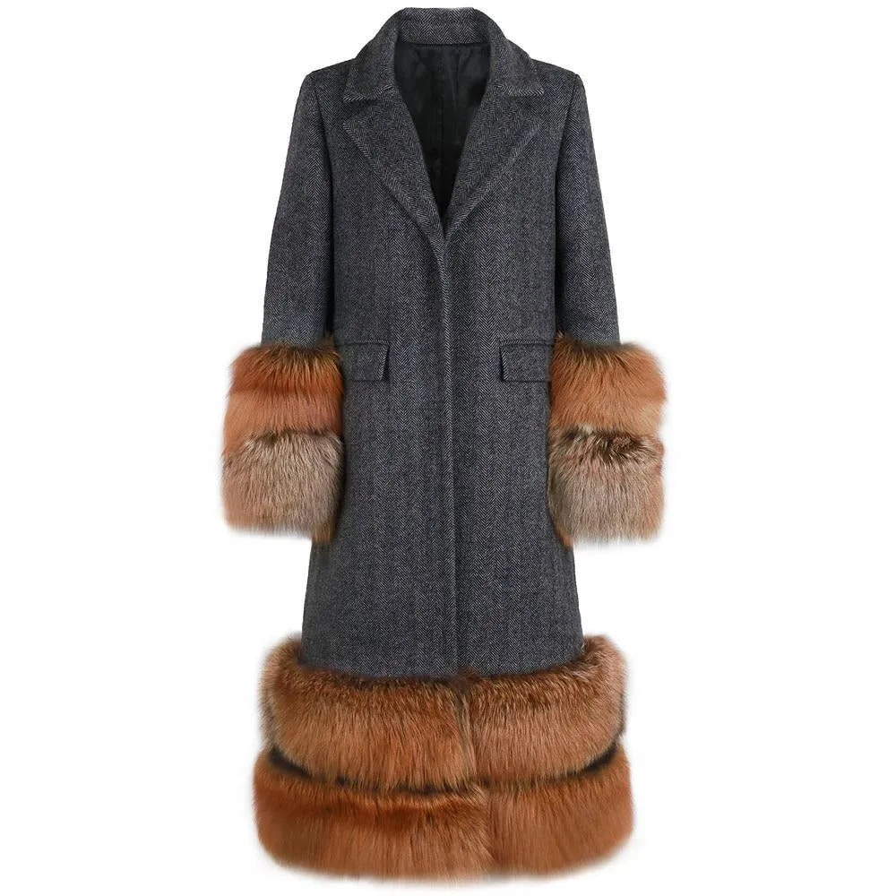 Natural fox fur sleeve cashmere single breasted long wool coat trench
