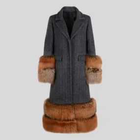 Natural fox fur sleeve cashmere single breasted long wool coat trench