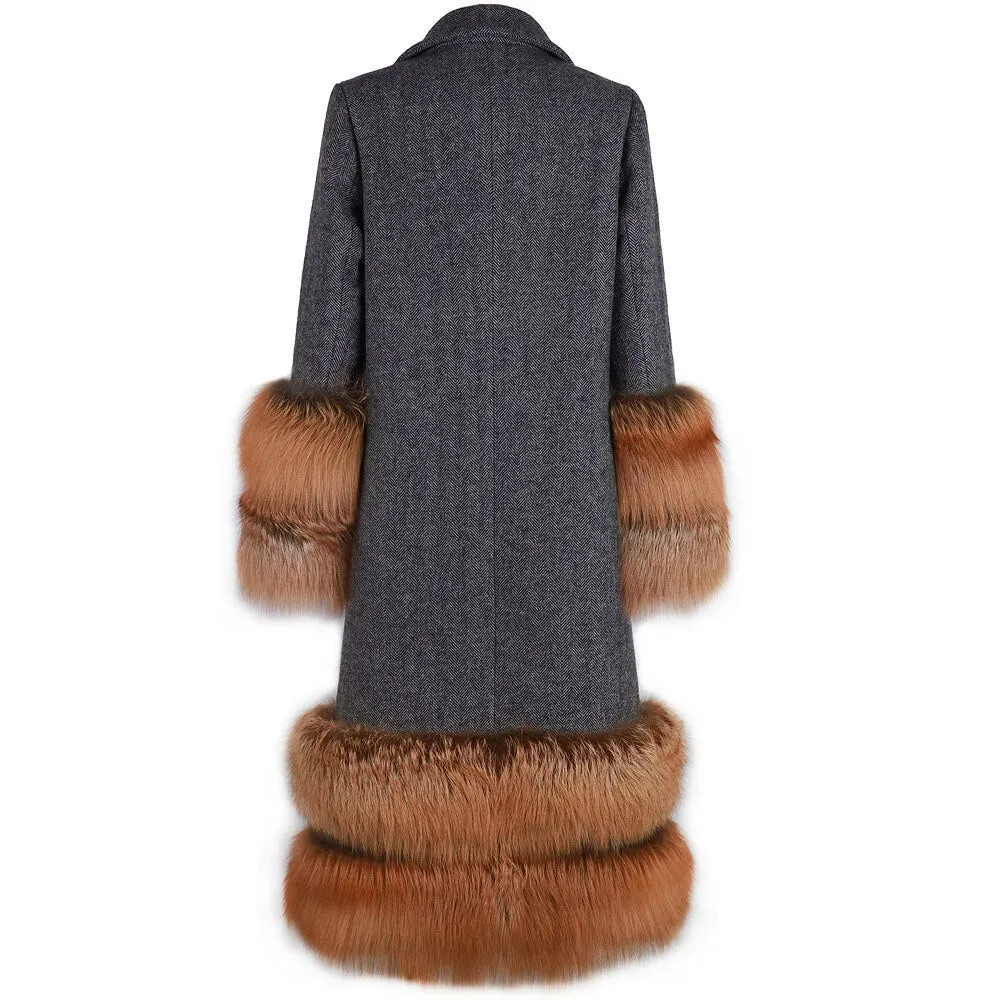 Natural fox fur sleeve cashmere single breasted long wool coat trench