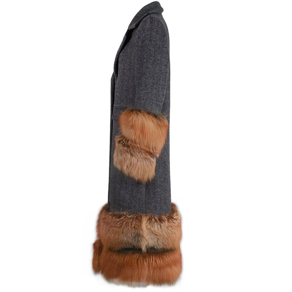 Natural fox fur sleeve cashmere single breasted long wool coat trench
