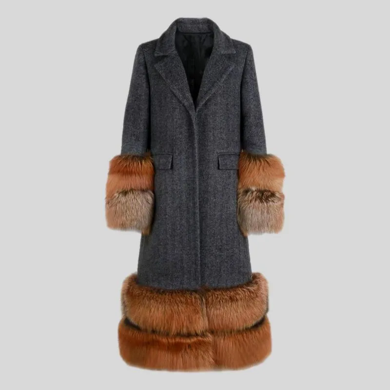 Natural fox fur sleeve cashmere single breasted long wool coat trench