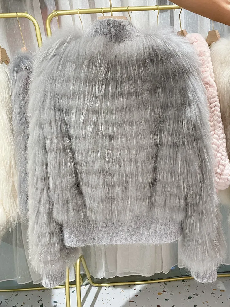 Natural Fur V Neck Raccoon Fur Warm Puff Sleeve Jacket