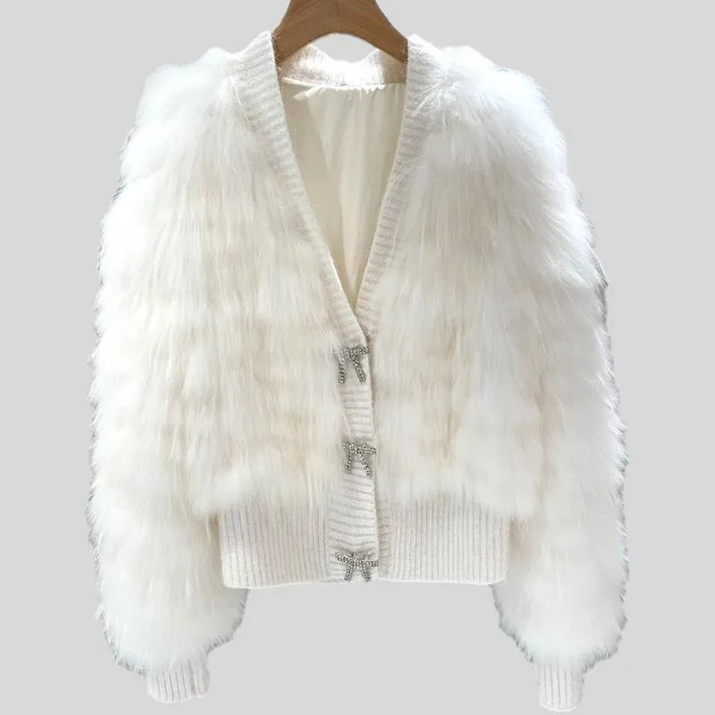 Natural Fur V Neck Raccoon Fur Warm Puff Sleeve Jacket