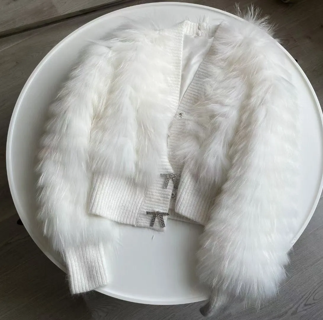 Natural Fur V Neck Raccoon Fur Warm Puff Sleeve Jacket