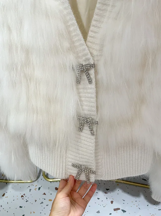 Natural Fur V Neck Raccoon Fur Warm Puff Sleeve Jacket