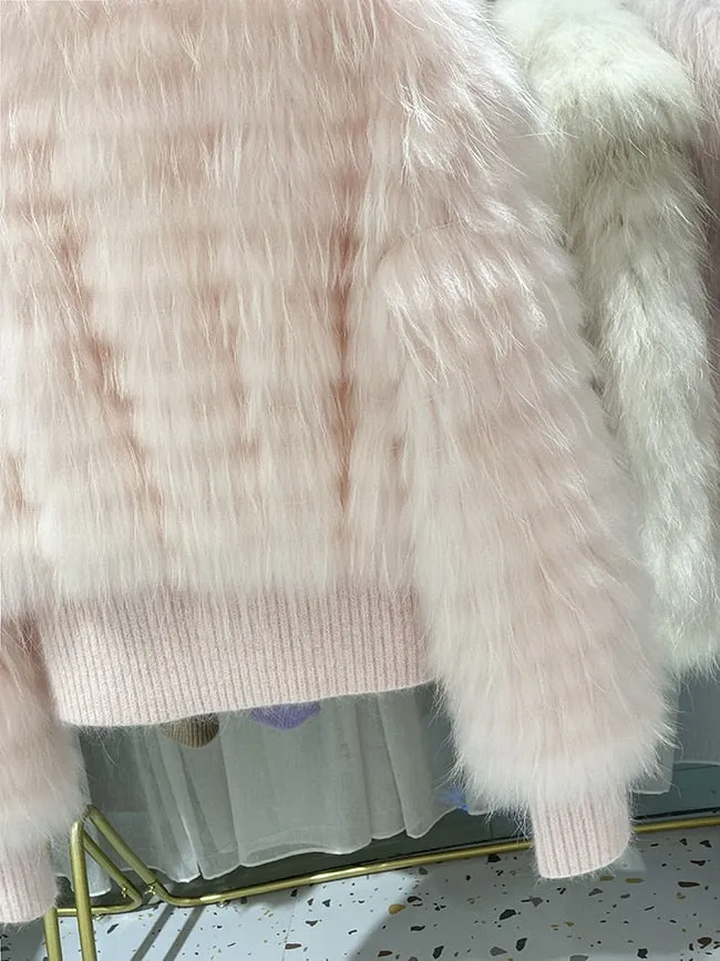 Natural Fur V Neck Raccoon Fur Warm Puff Sleeve Jacket