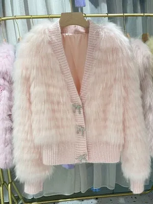 Natural Fur V Neck Raccoon Fur Warm Puff Sleeve Jacket