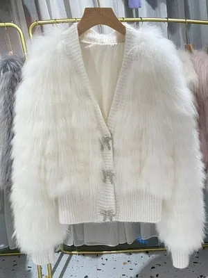 Natural Fur V Neck Raccoon Fur Warm Puff Sleeve Jacket